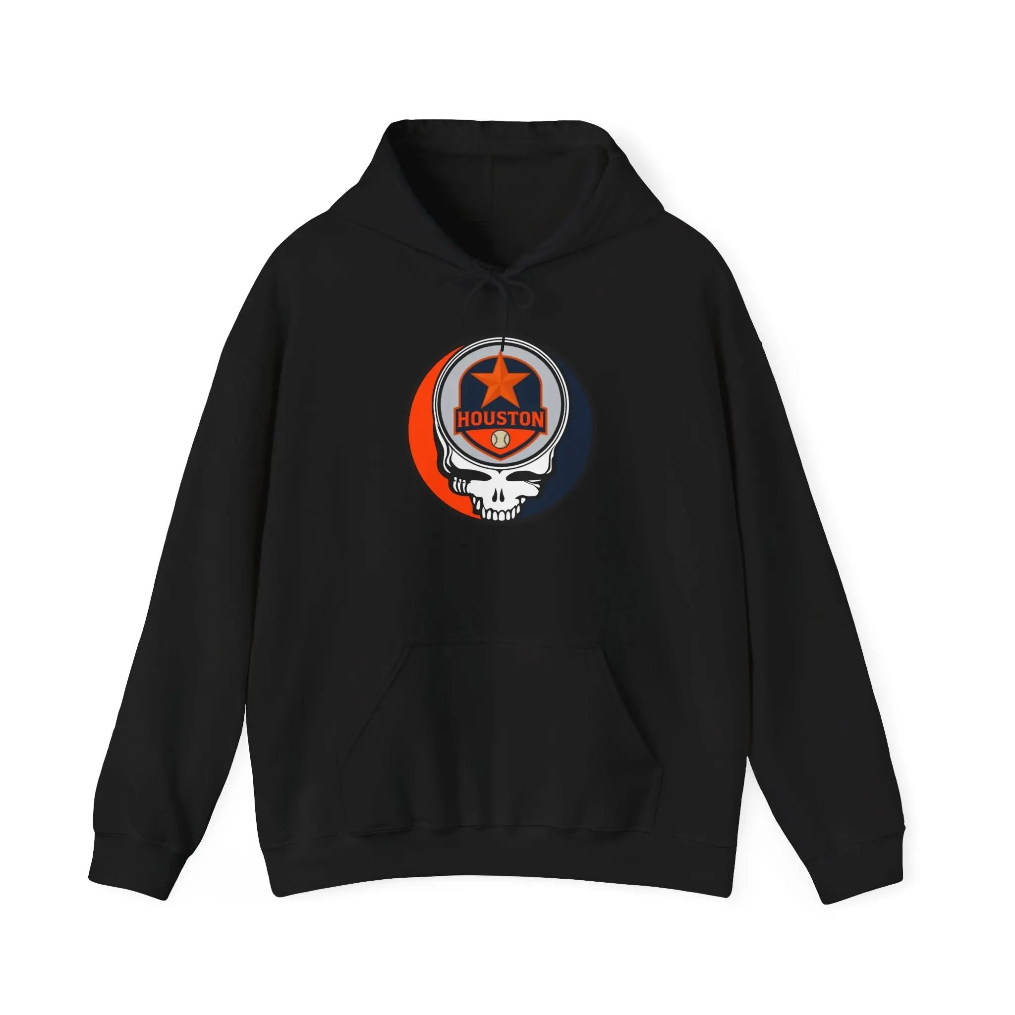 Black pullover hoodie with Houston logo patch on chest