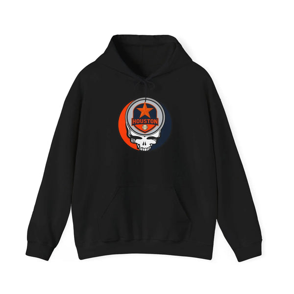 Black pullover hoodie with Houston logo patch on chest