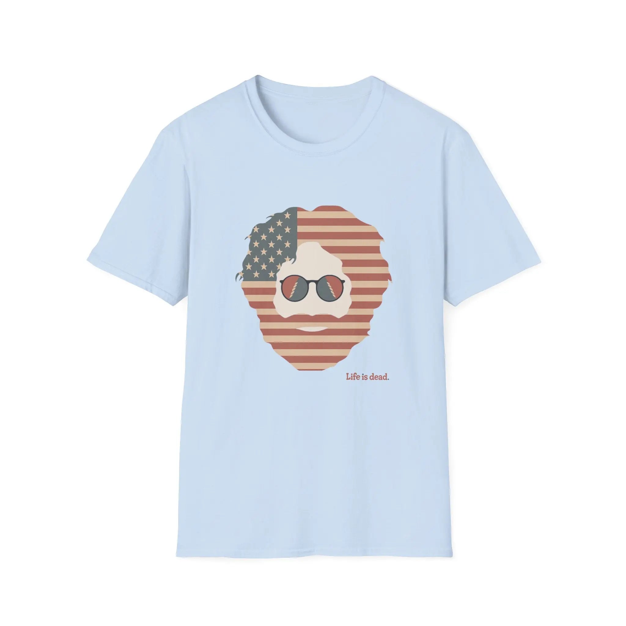 Light blue crewneck T-shirt with patriotic bearded skull graphic, 