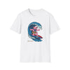 White T-shirt with pink bear surfing wave graphic and “Life is dead” text