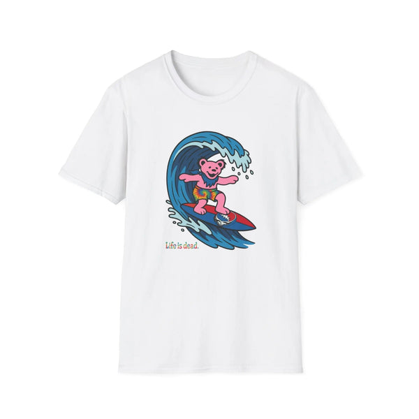 White T-shirt with pink bear surfing wave graphic and “Life is dead” text