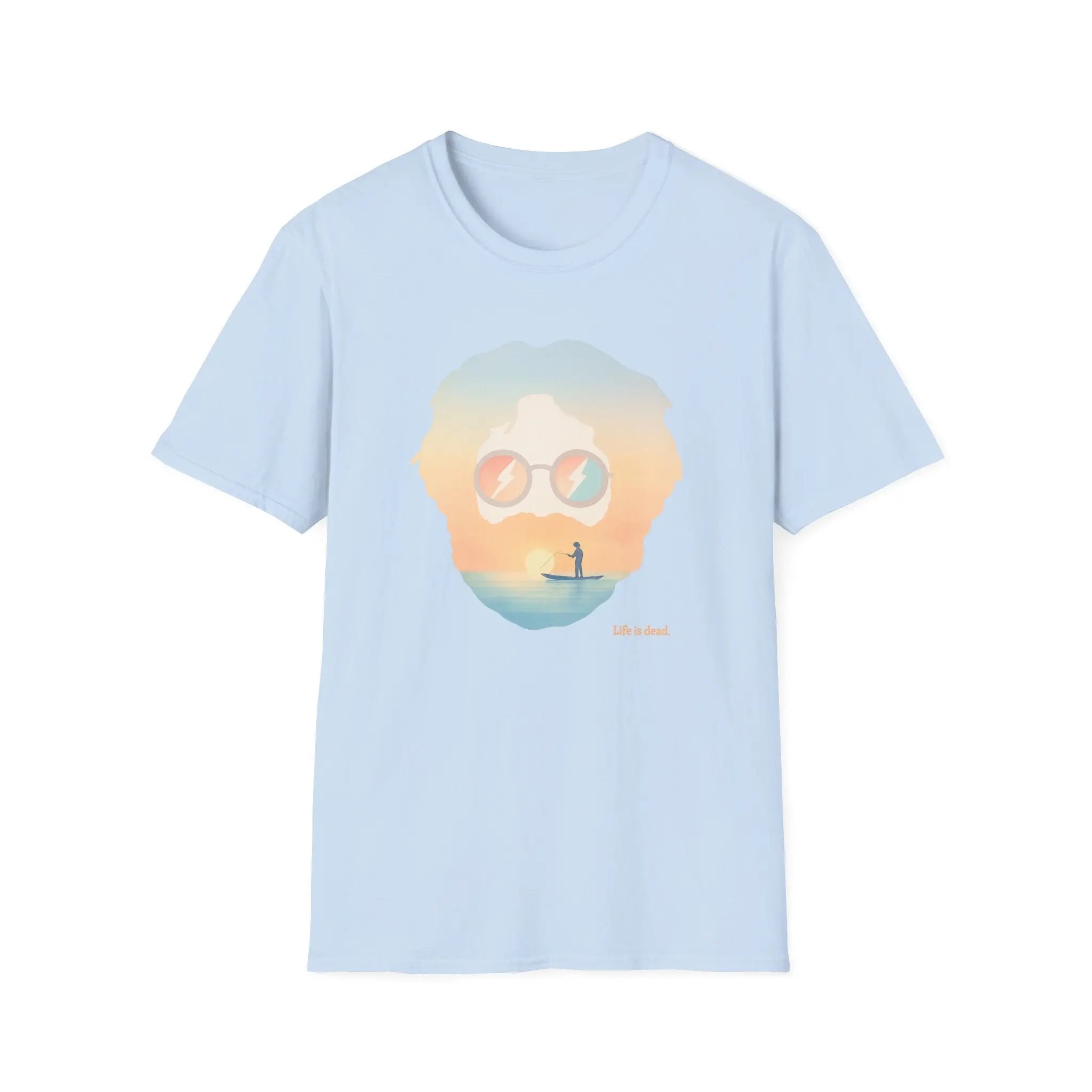 Light blue crew-neck graphic T-shirt with portrait sunglasses and sunset beach scene print
