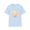 Light blue crew-neck graphic T-shirt with portrait sunglasses and sunset beach scene print