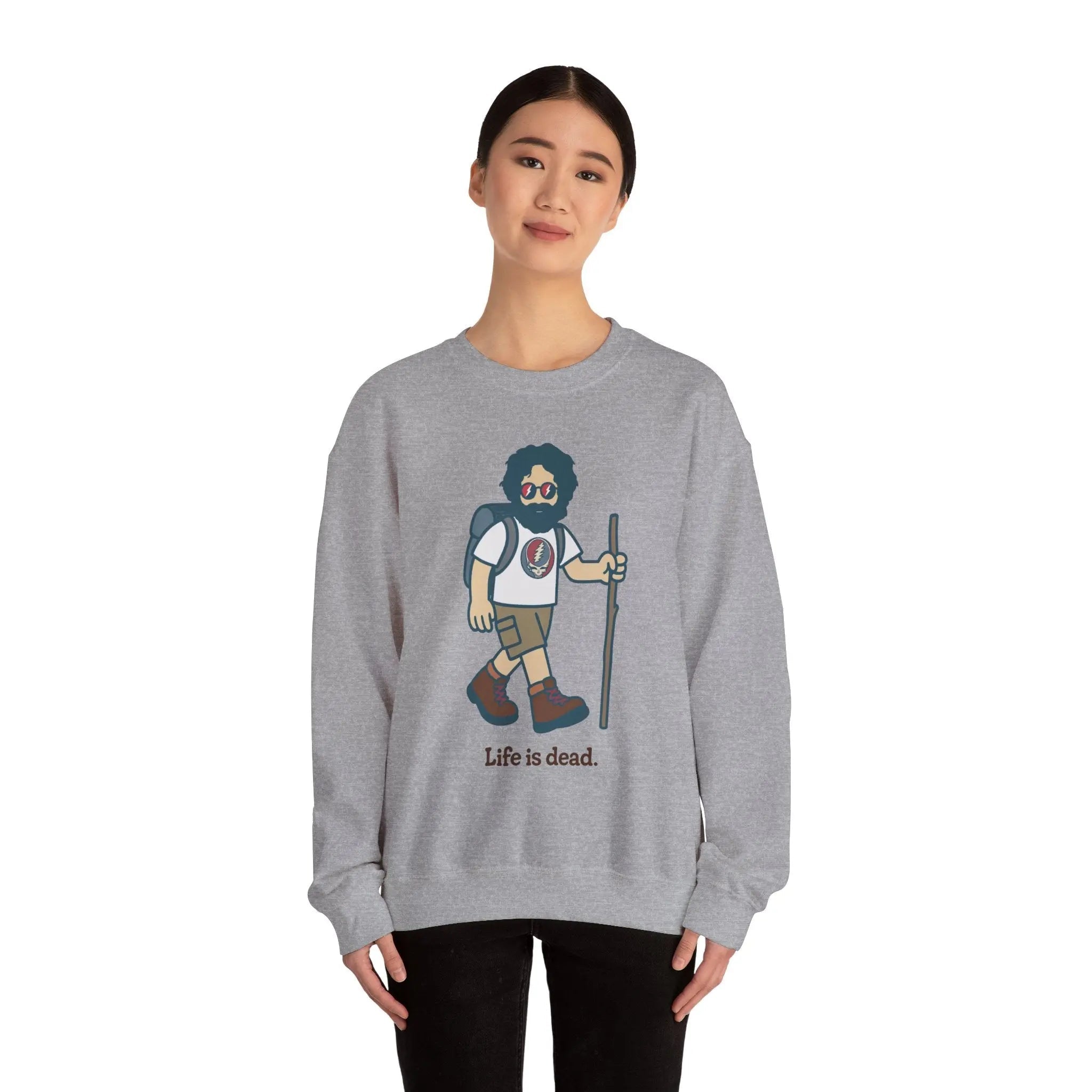 Sport gray crewneck sweatshirt on model with bearded hiker graphic and ribbed hem