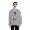 Sport gray crewneck sweatshirt on model with bearded hiker graphic and ribbed hem