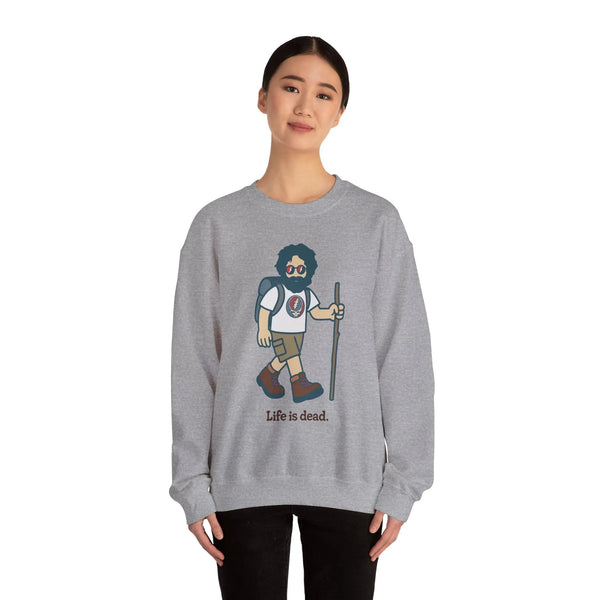 Sport gray crewneck sweatshirt on model with bearded hiker graphic and ribbed hem