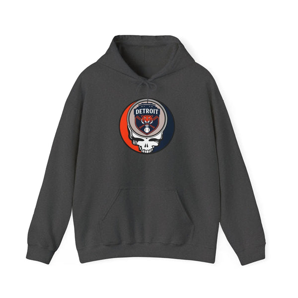 Dark heather pullover hoodie with front Detroit logo patch and kangaroo pocket