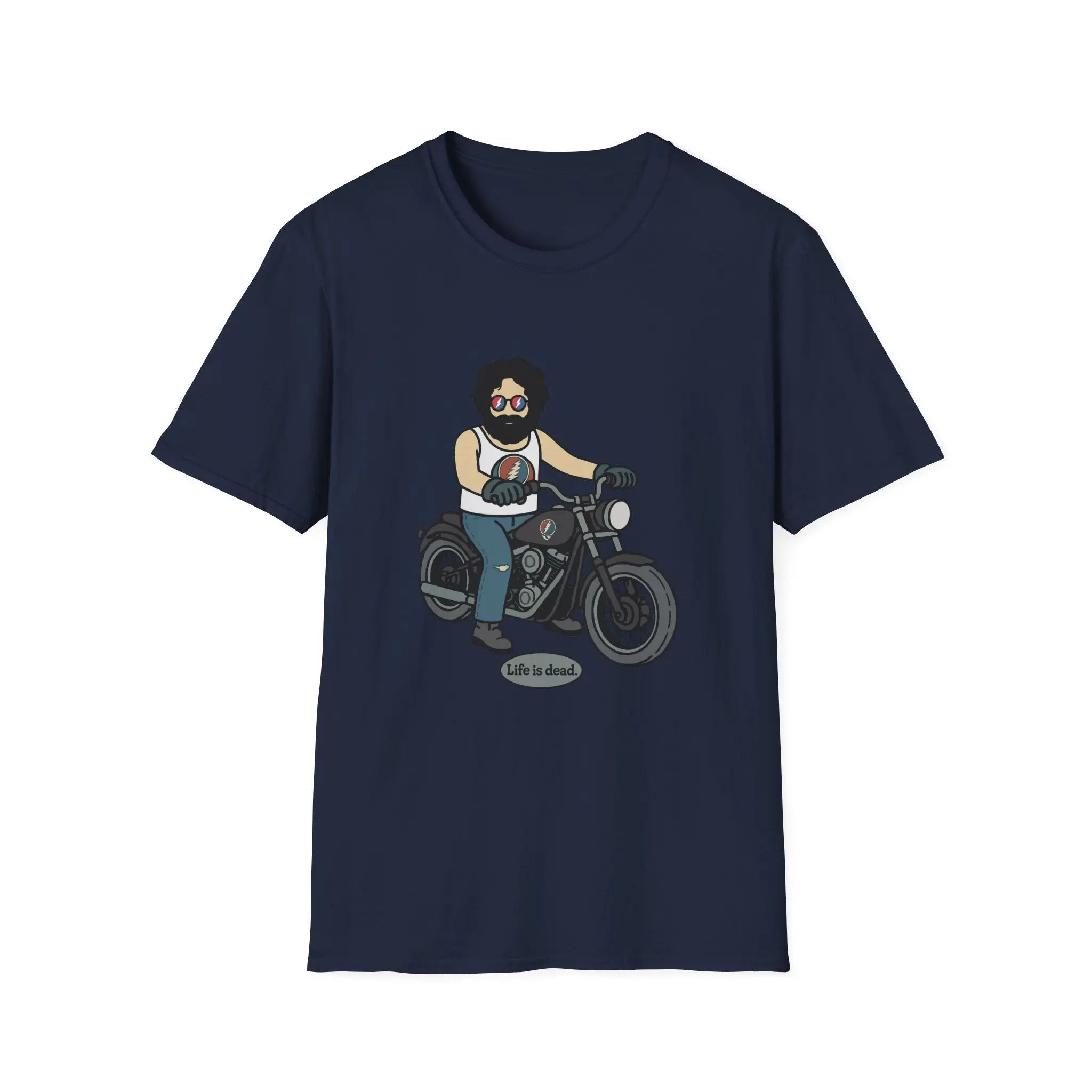 Navy crew-neck T-shirt with centered bearded biker on motorcycle graphic