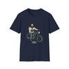 Navy crew-neck T-shirt with centered bearded biker on motorcycle graphic