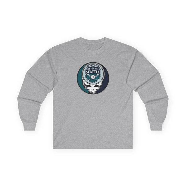 Sport grey long-sleeve T-shirt with circular Seattle Stealie skull logo on chest