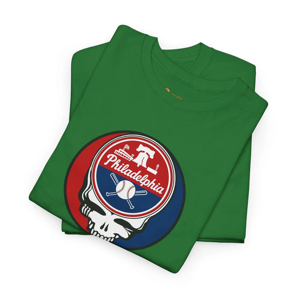 Green T-shirt set with round Philadelphia logo skull graphic on the chest