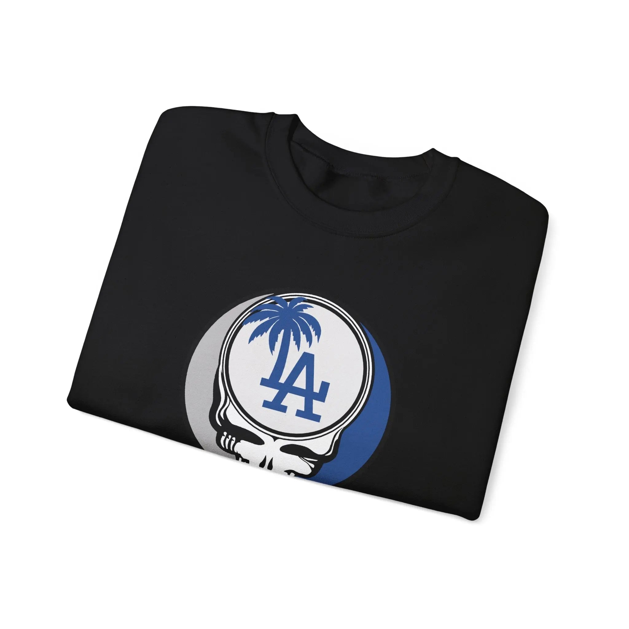Black crewneck sweatshirt with Dodgers Stealie circular skull logo, angled view
