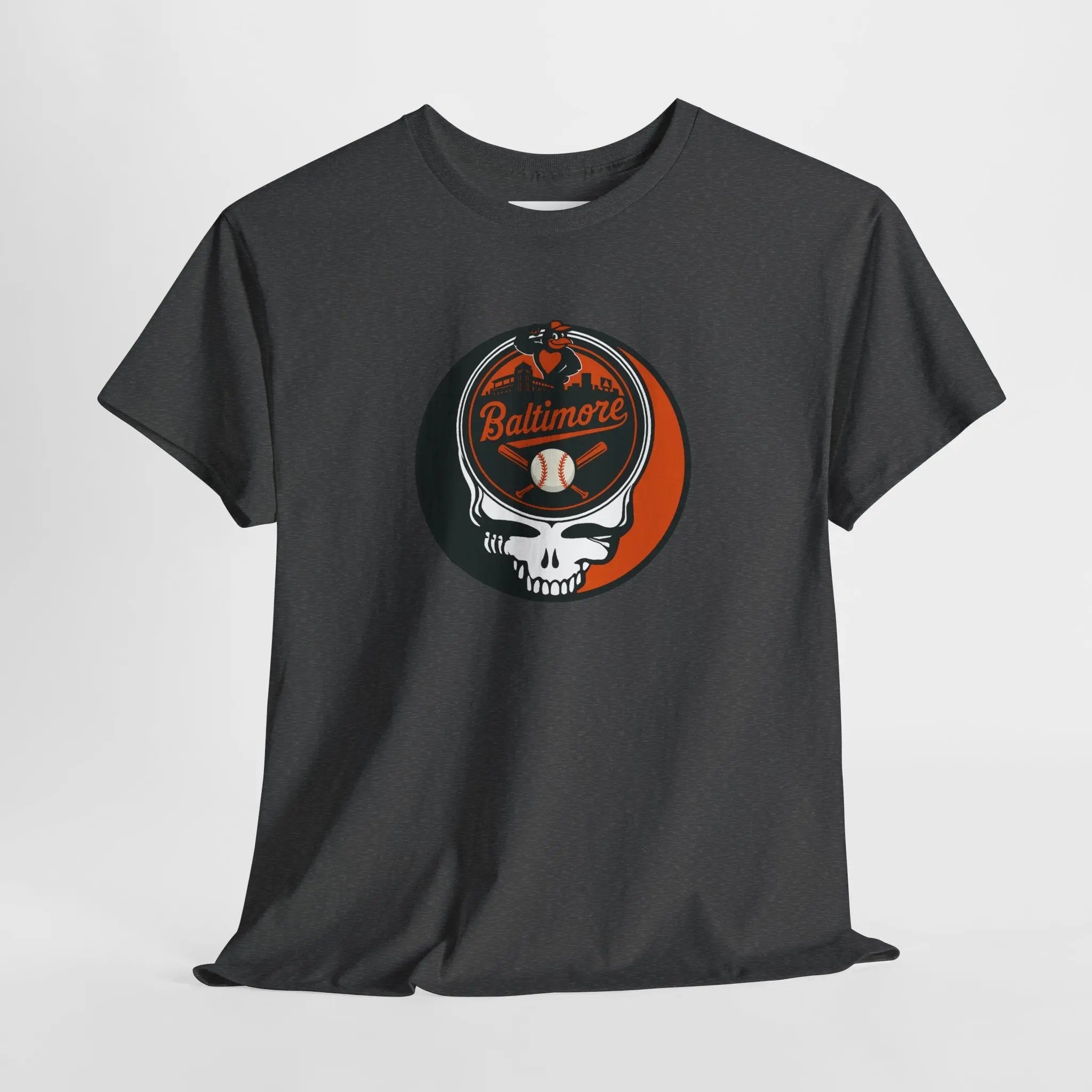 Dark gray graphic T-shirt with round Stealie skull Baltimore Orioles logo
