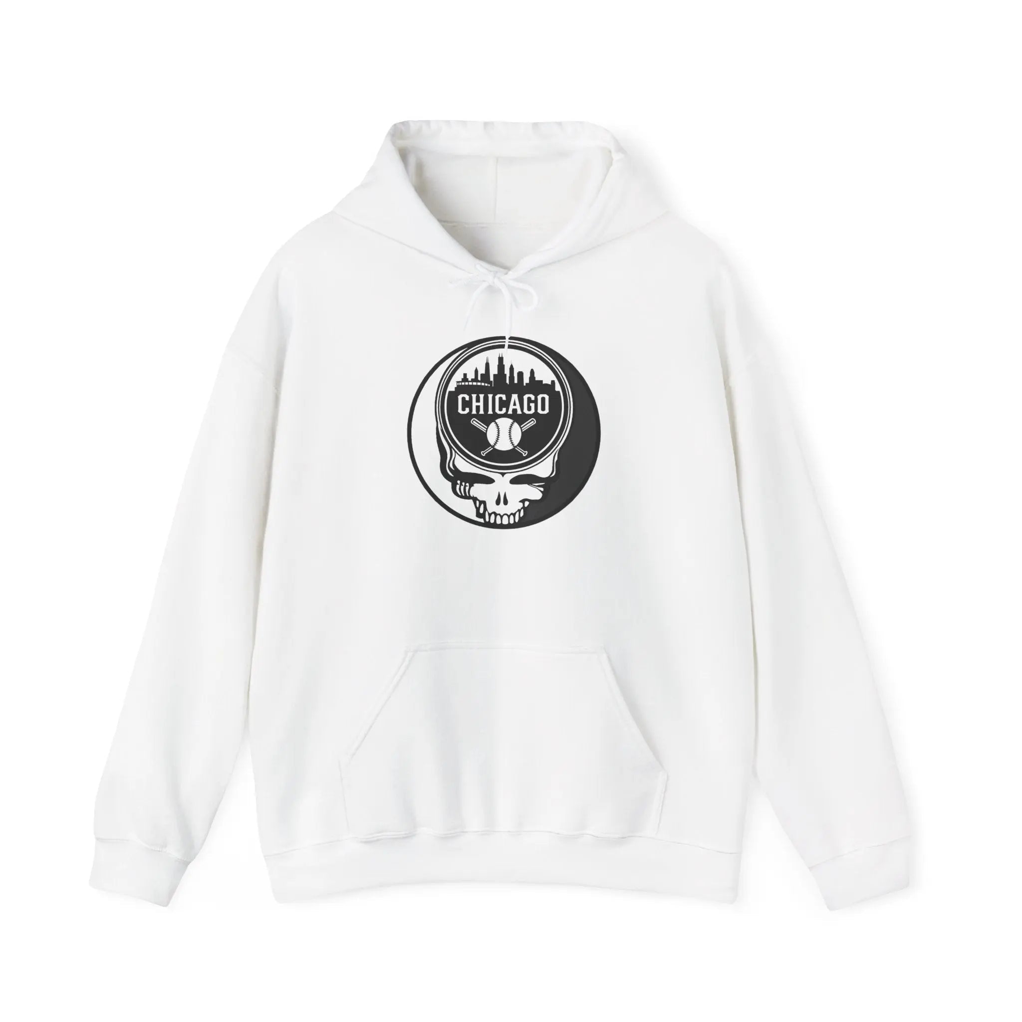 White hoodie with drawstring hood, front pouch pocket, and circular Chicago Stealie logo