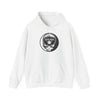 White hoodie with drawstring hood, front pouch pocket, and circular Chicago Stealie logo