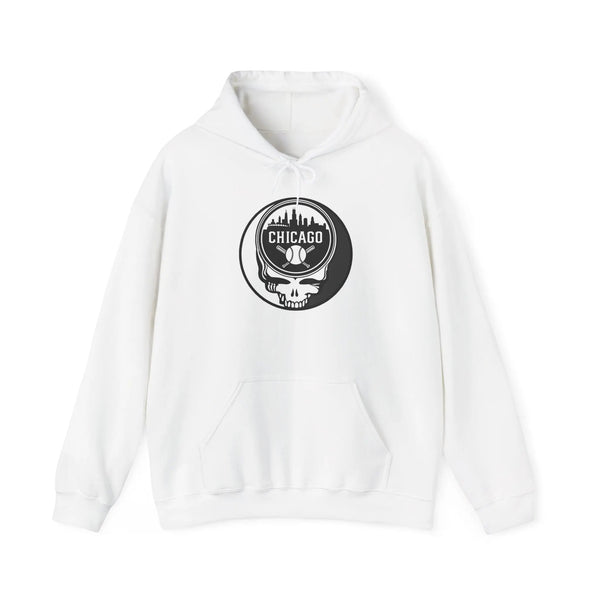 White hoodie with drawstring hood, front pouch pocket, and circular Chicago Stealie logo