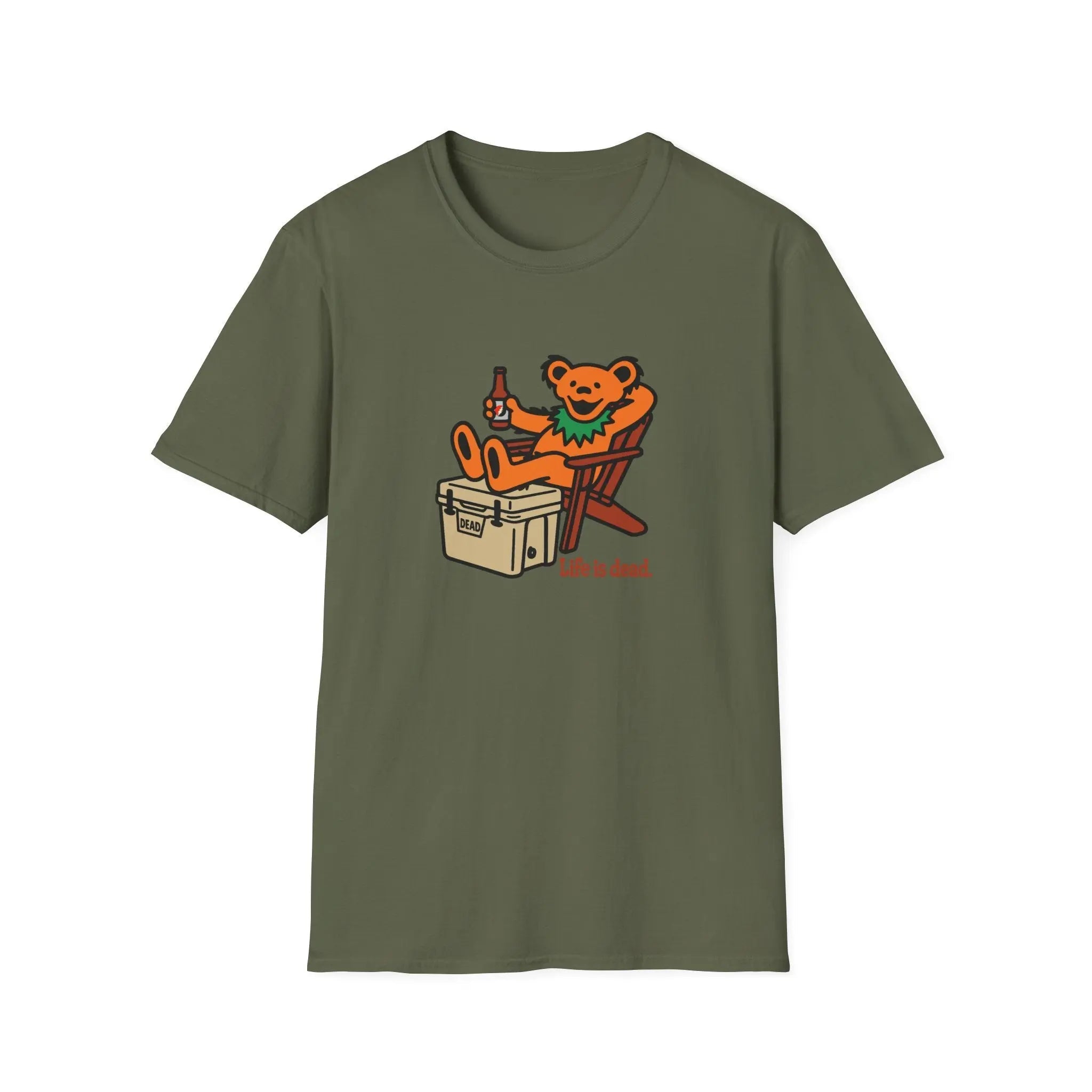 Dark green T-shirt with cartoon bear graphic and 