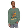 Men's long sleeve graphic T-shirt in teal green, crew neck, printed front art