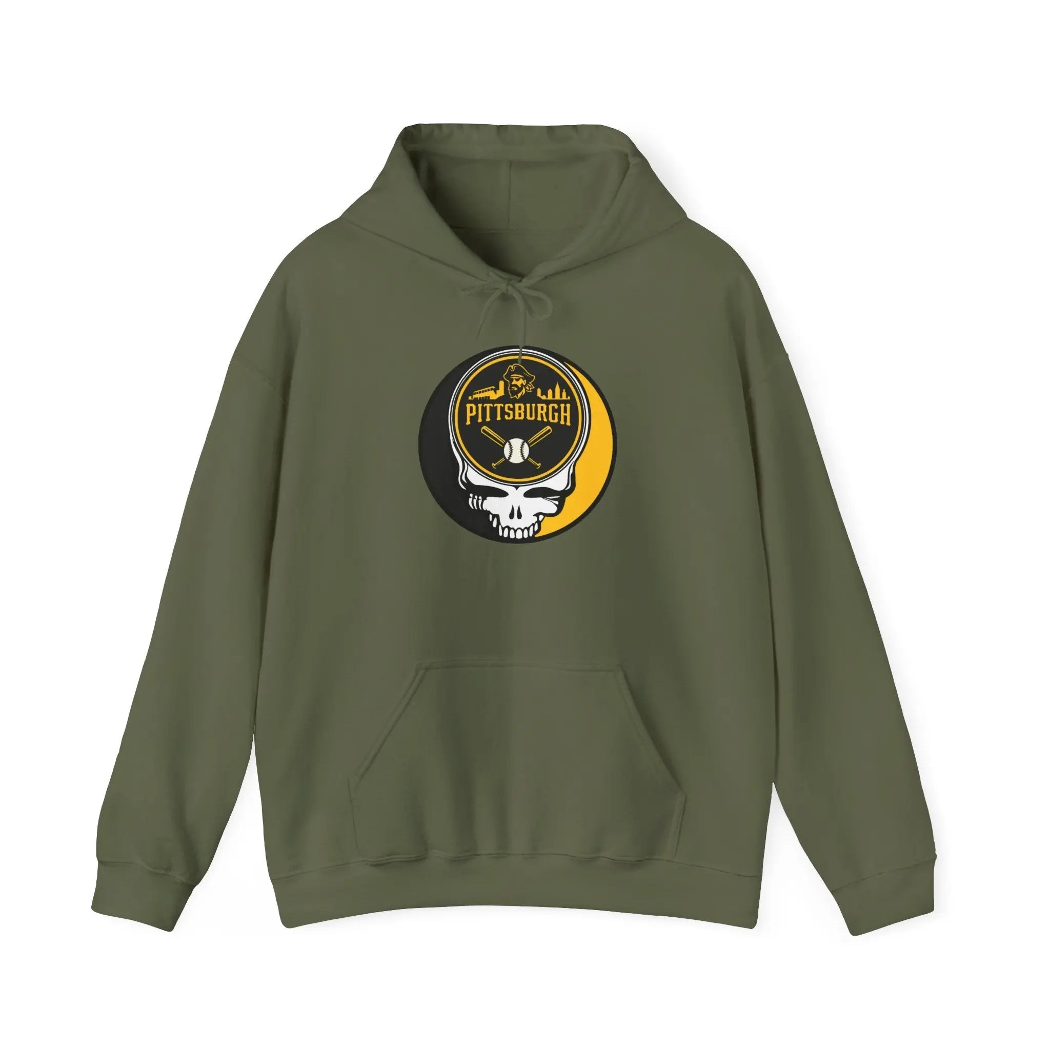 Military green Pittsburgh hoodie with front pouch pocket, drawstring hood, and Stealie logo