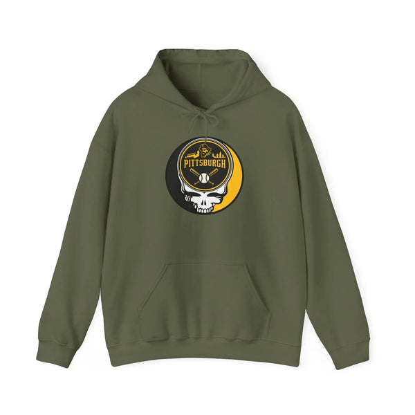 Military green Pittsburgh hoodie with front pouch pocket, drawstring hood, and Stealie logo