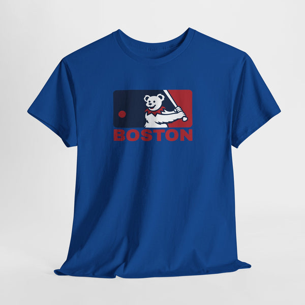 Blue Boston Red Sox T-shirt with Dancing Bear and BOSTON logo graphic