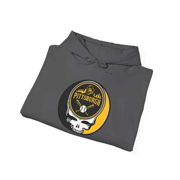 Dark gray folded Pittsburgh hoodie with front pouch pocket and Stealie logo graphic