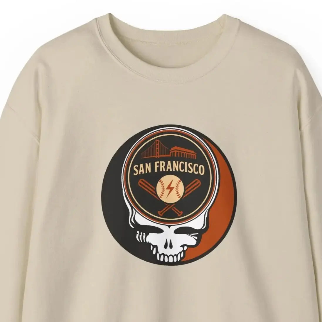 Light sand Giants crewneck sweatshirt with San Francisco Stealie-style graphic
