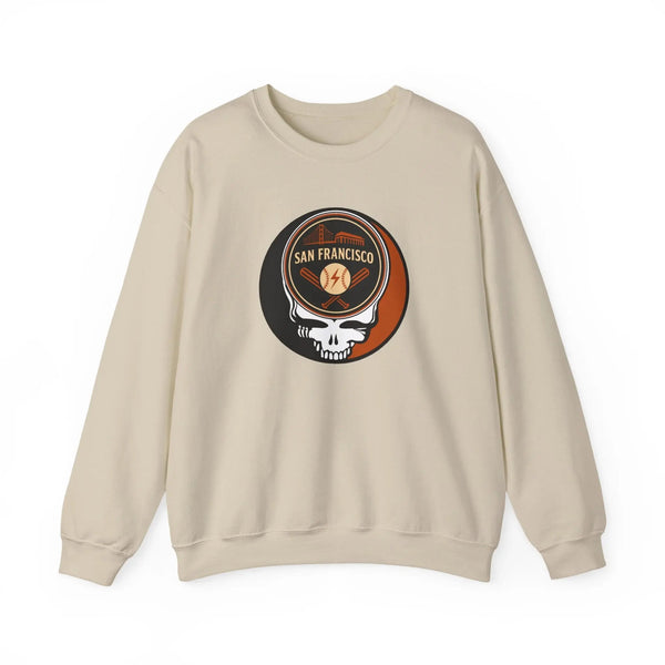 Light sand Giants crewneck sweatshirt with front San Francisco Stealie-style logo