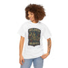 White short-sleeve T-shirt with Atlanta Braves skeleton shield graphic, worn