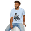 Light blue crew-neck T-shirt with front graphic of a bearded biker on a motorcycle