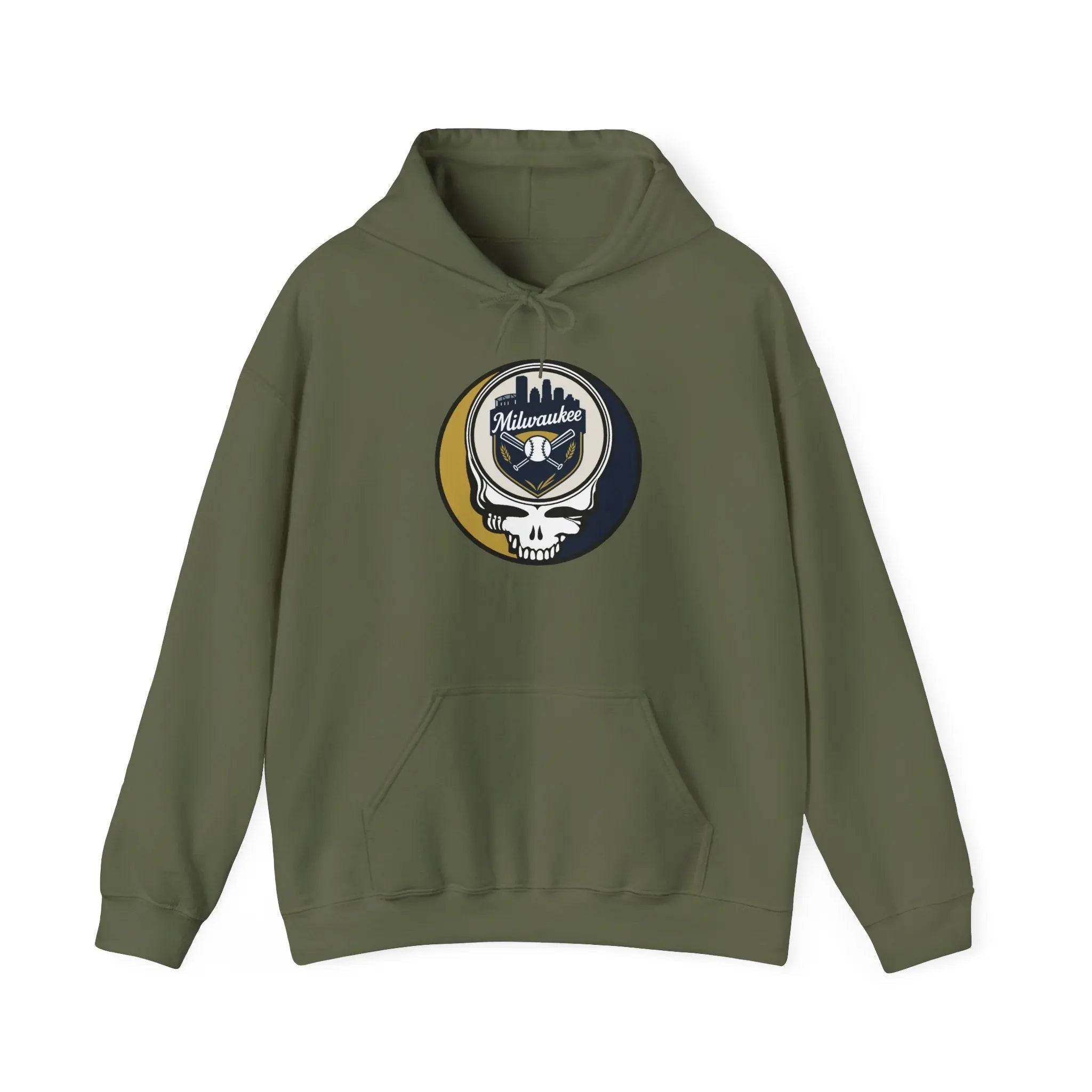 Olive green hoodie with Milwaukee Brewers Stealie graphic and front kangaroo pocket