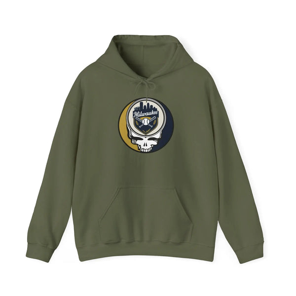 Olive green hoodie with Milwaukee Brewers Stealie graphic and front kangaroo pocket