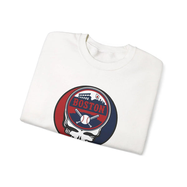 White crewneck sweatshirt with large circular Boston skull logo on front