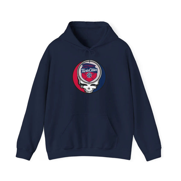 Navy pullover hoodie with Twin Cities logo patch and front kangaroo pocket