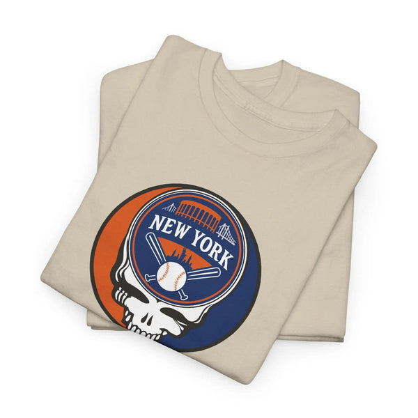 Sand/beige T-shirt with circular New York Stealie logo graphic at the chest