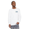 White garment-dyed long-sleeve T-shirt with small front logo patch