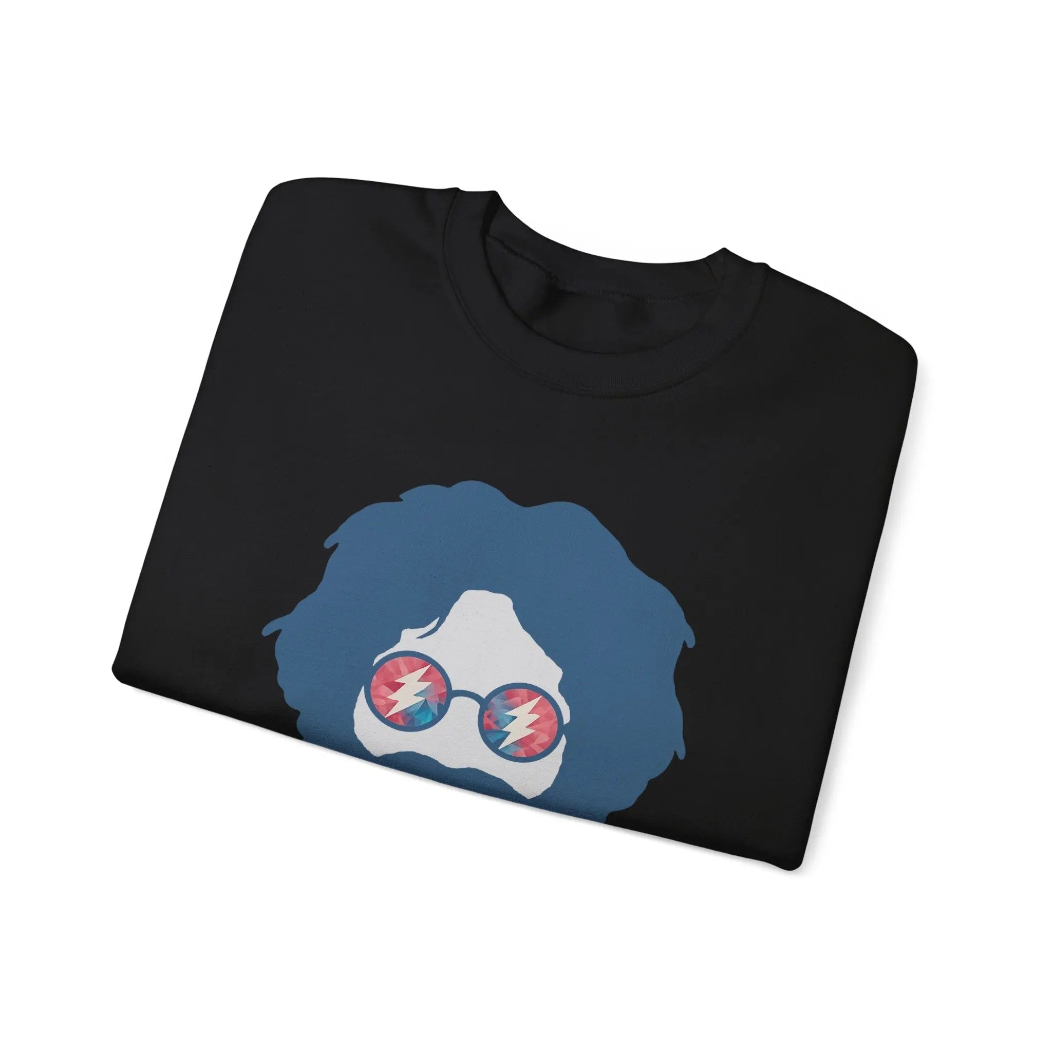 Black folded crewneck sweatshirt with blue face graphic and sunglasses print