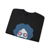 Black folded crewneck sweatshirt with blue face graphic and sunglasses print