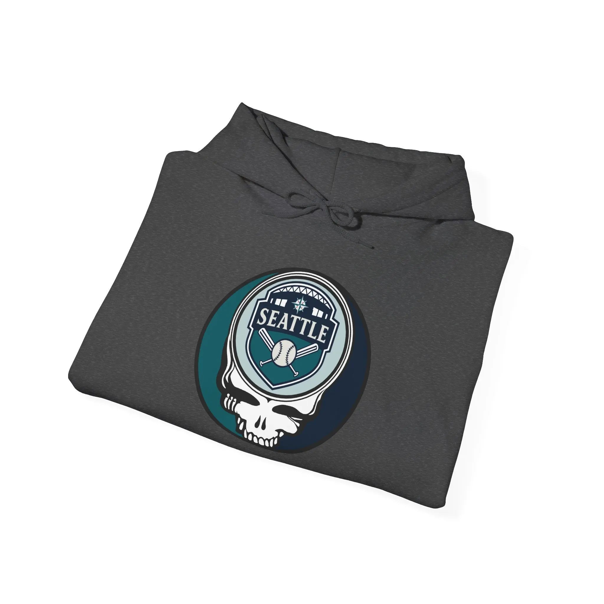 Heather gray hooded sweatshirt with Seattle Mariners Stealie graphic on the chest