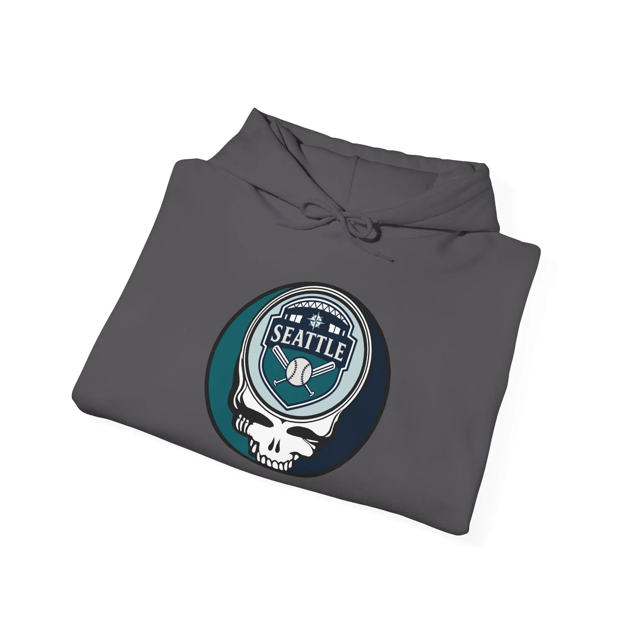 Dark gray hooded sweatshirt with Seattle Mariners Stealie graphic on the chest