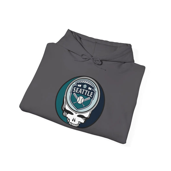 Dark gray hooded sweatshirt with Seattle Mariners Stealie graphic on the chest