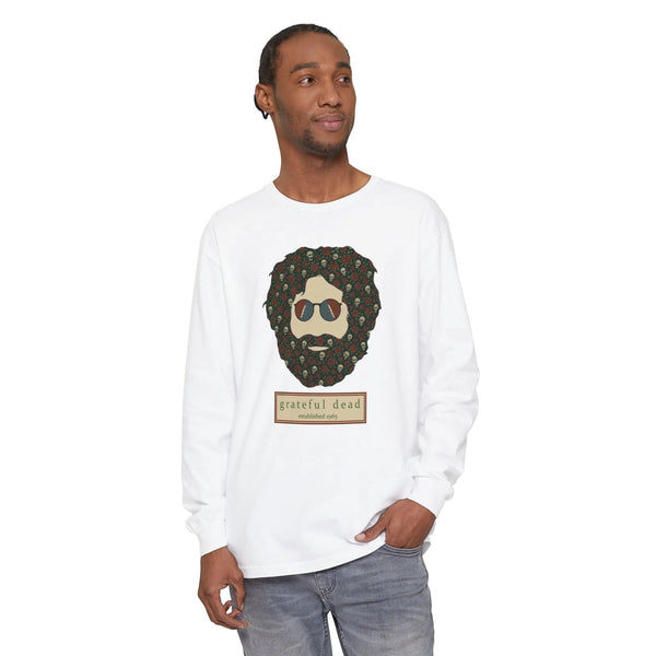 Garment-dyed long-sleeve T-shirt in white, with skull-face graphic on the chest