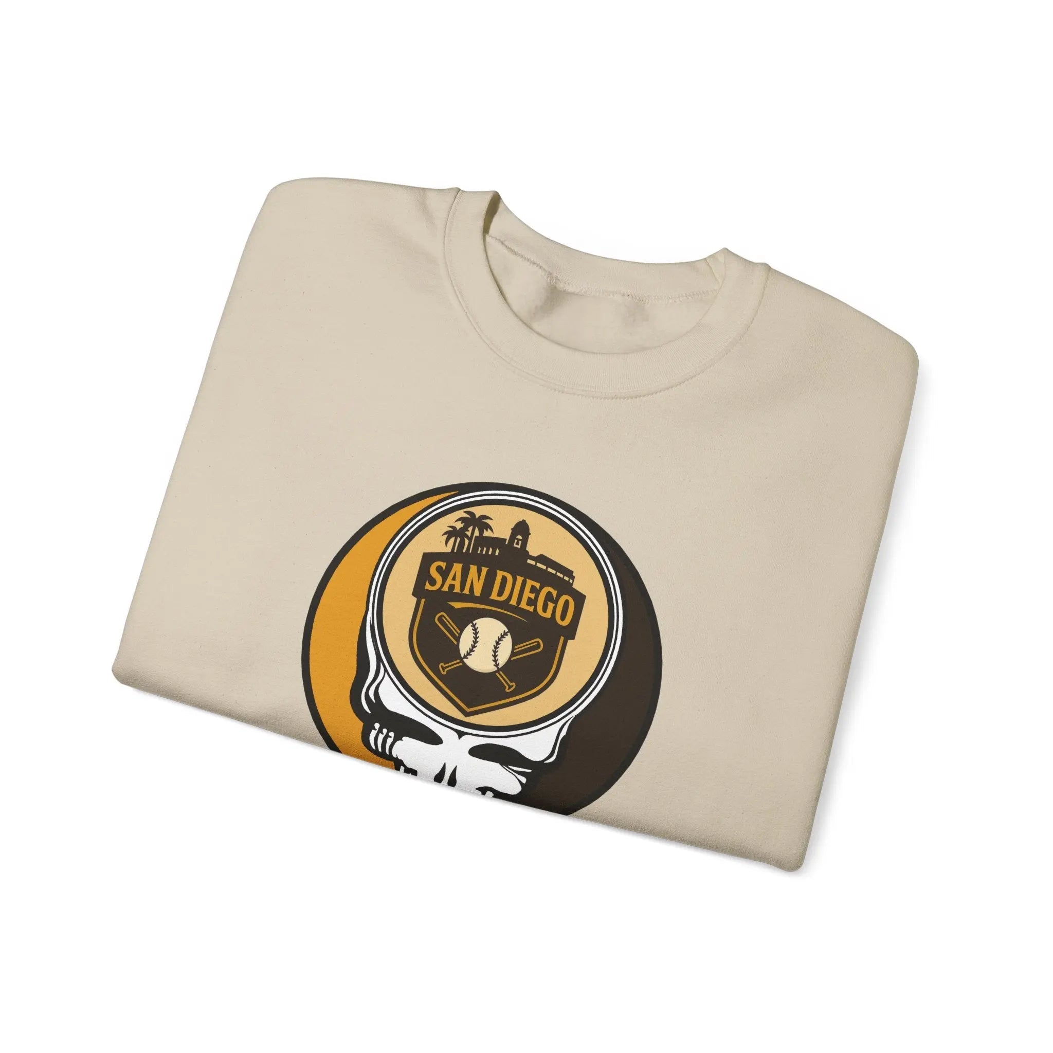 Sand crewneck sweatshirt, long sleeves, featuring San Diego skull graphic centered