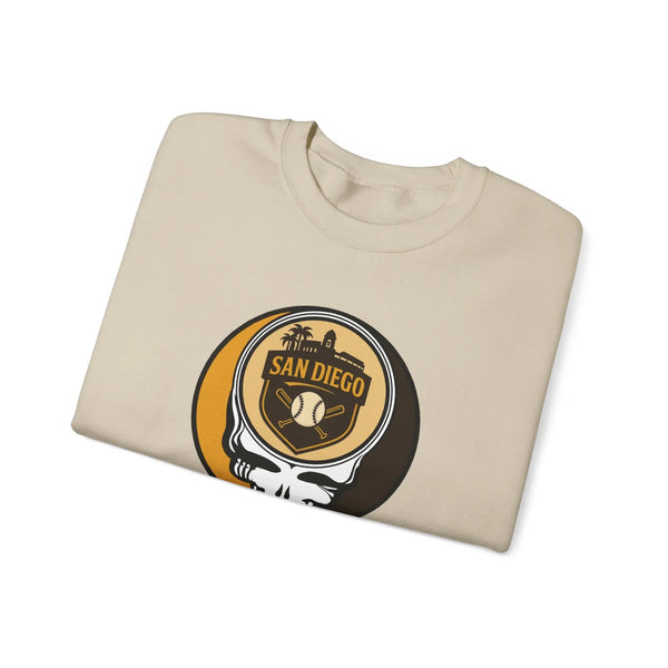 Sand crewneck sweatshirt, long sleeves, featuring San Diego skull graphic centered