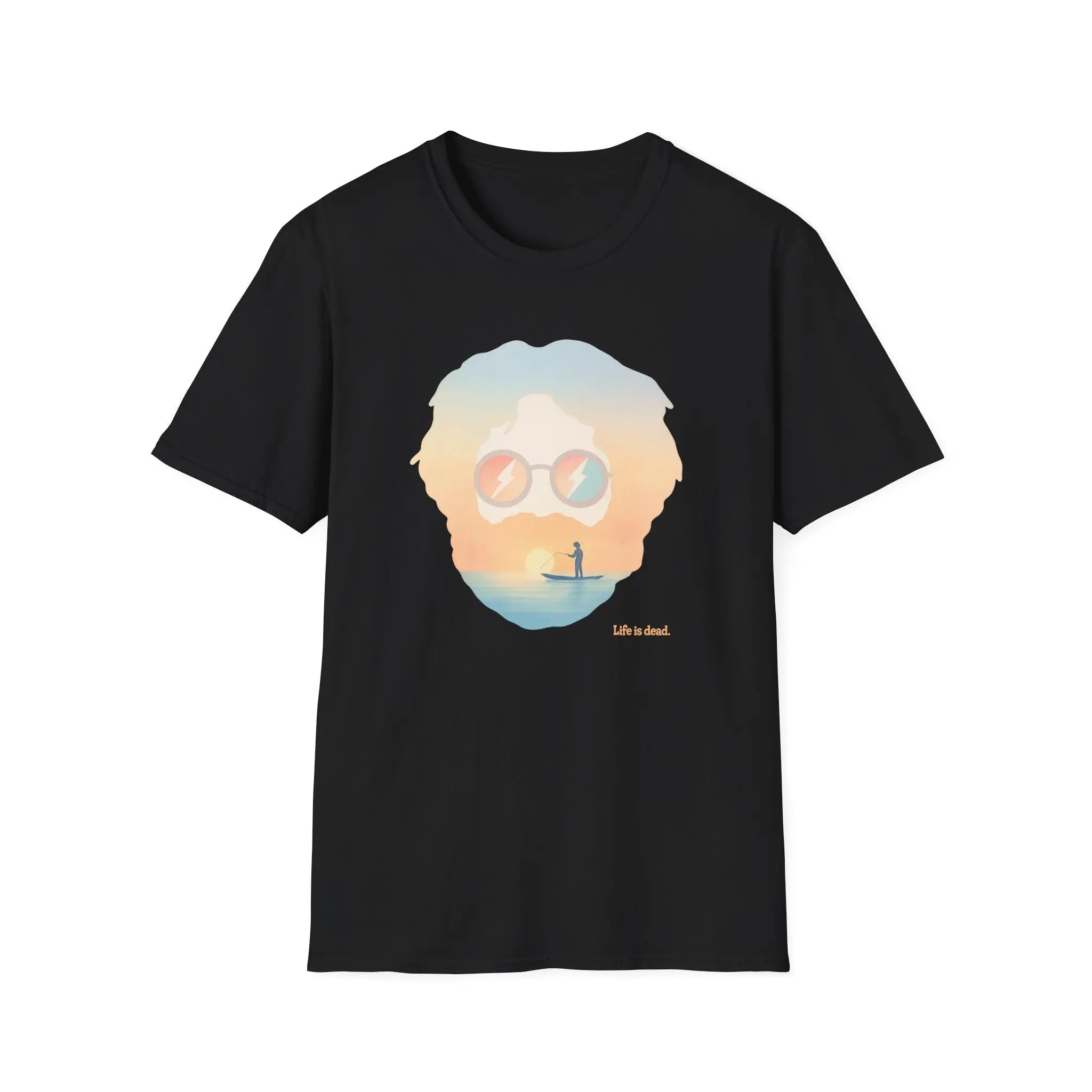Black crew-neck graphic T-shirt with portrait sunglasses and sunset beach scene print