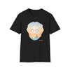 Black crew-neck graphic T-shirt with portrait sunglasses and sunset beach scene print