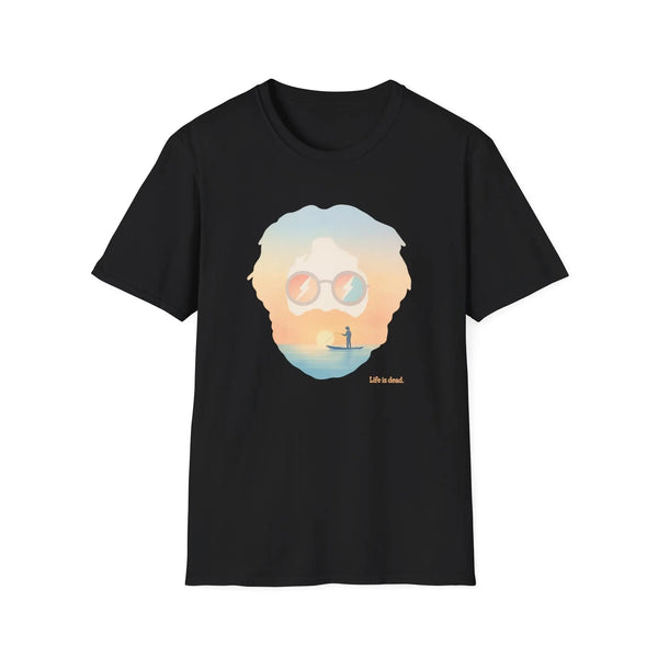 Black crew-neck graphic T-shirt with portrait sunglasses and sunset beach scene print