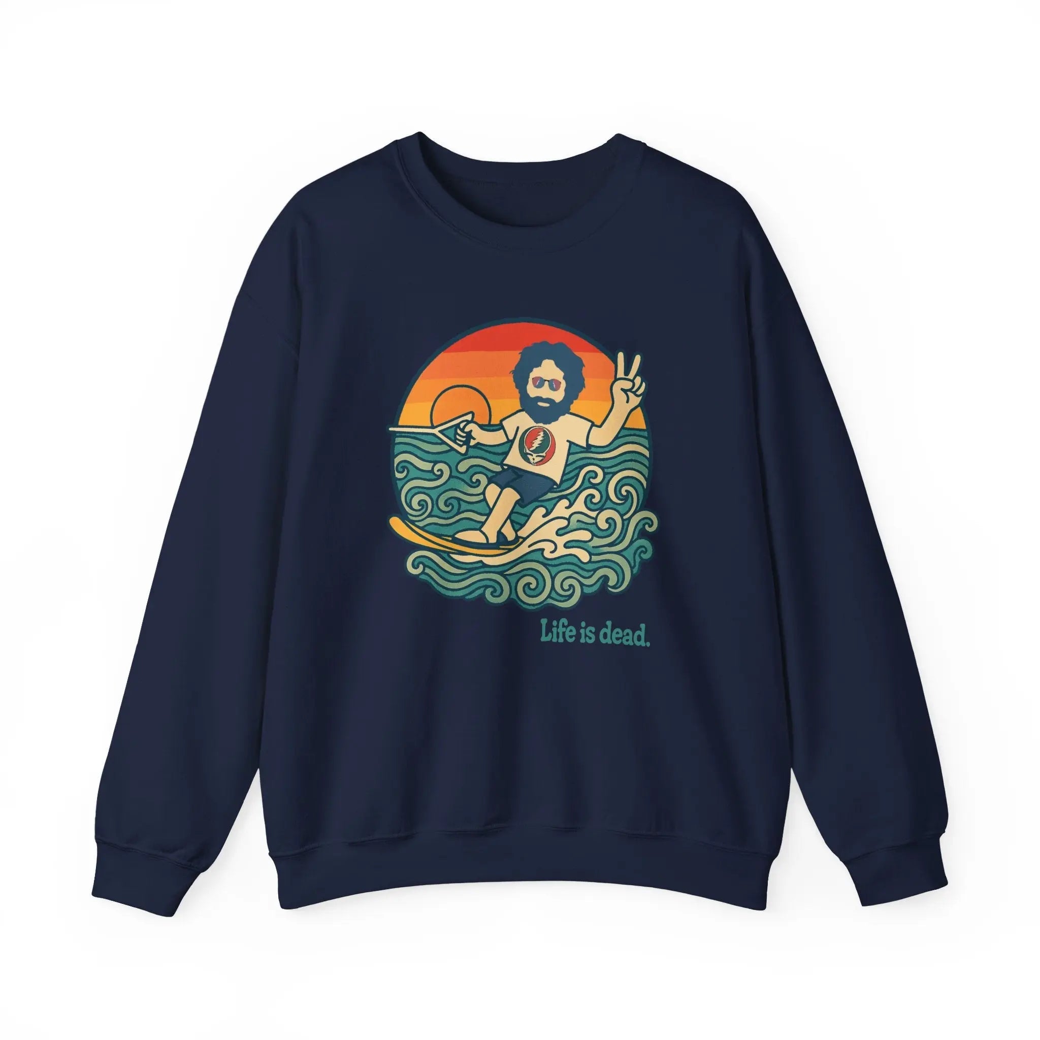 Navy crewneck sweatshirt with waterski graphic centered on the front