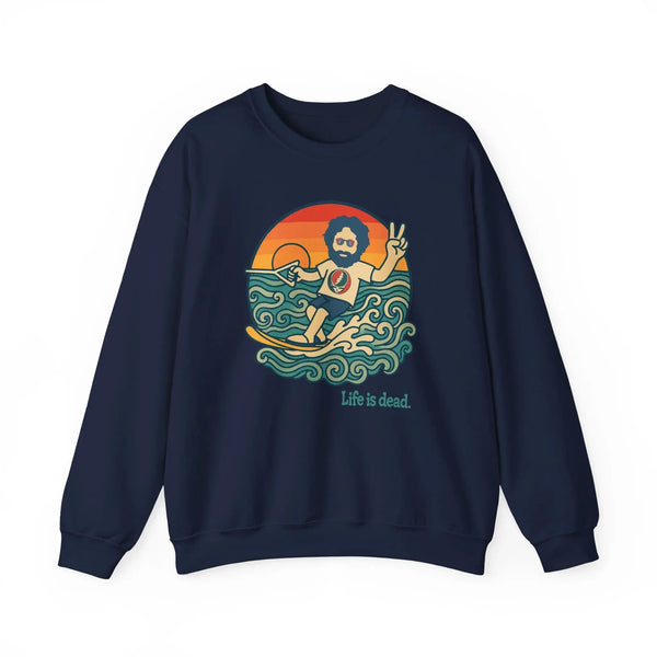 Navy crewneck sweatshirt with waterski graphic centered on the front