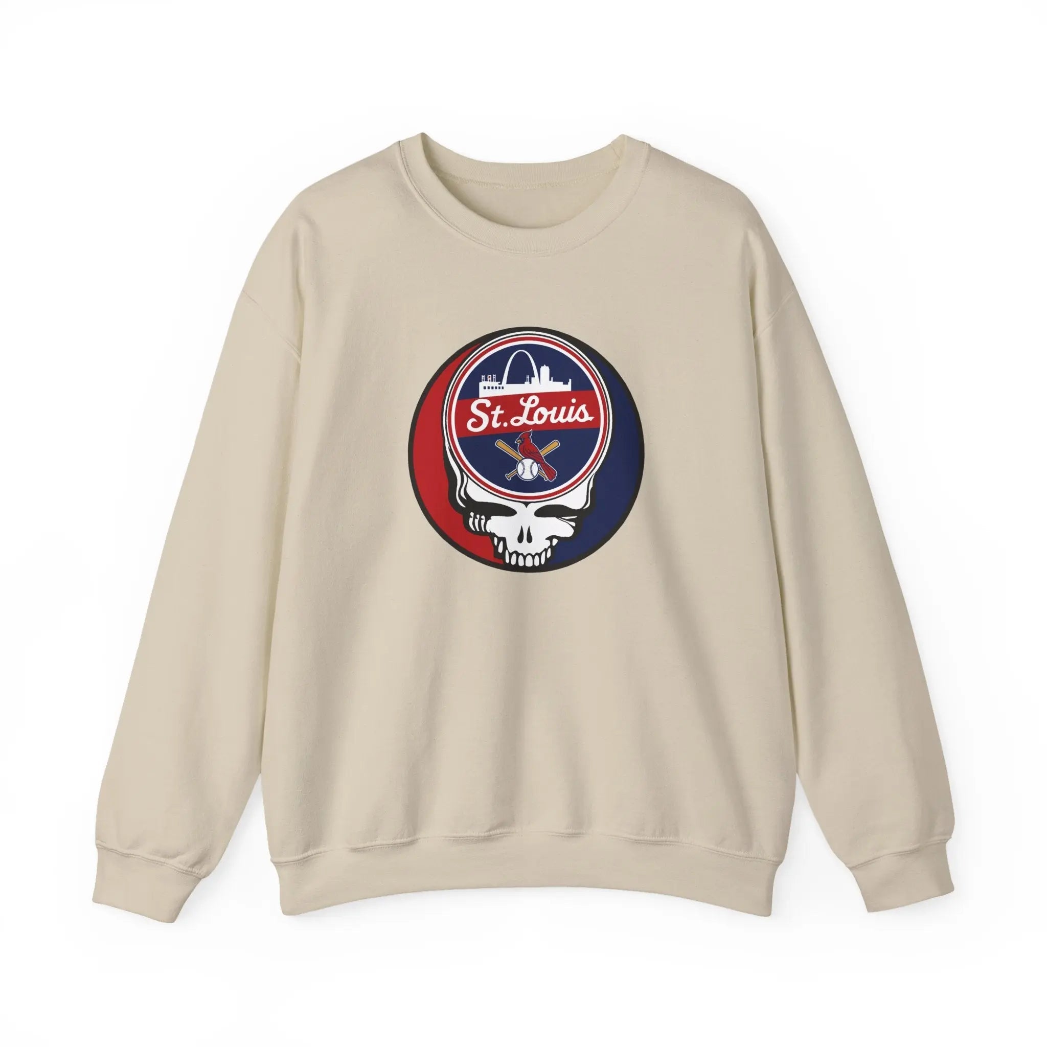 Sand crewneck sweatshirt with St. Louis logo graphic on center chest